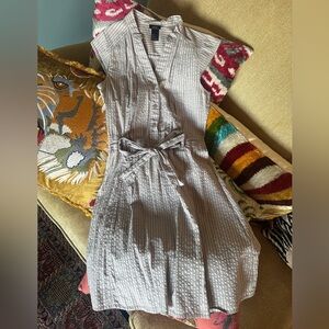 H&M Women's Gray Blue Striped Button Tea Dress with Waist Tie XS